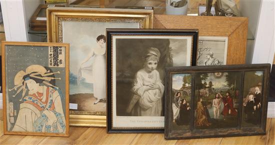 After Adam Buck, aquatint, lady in Regency dress and other prints